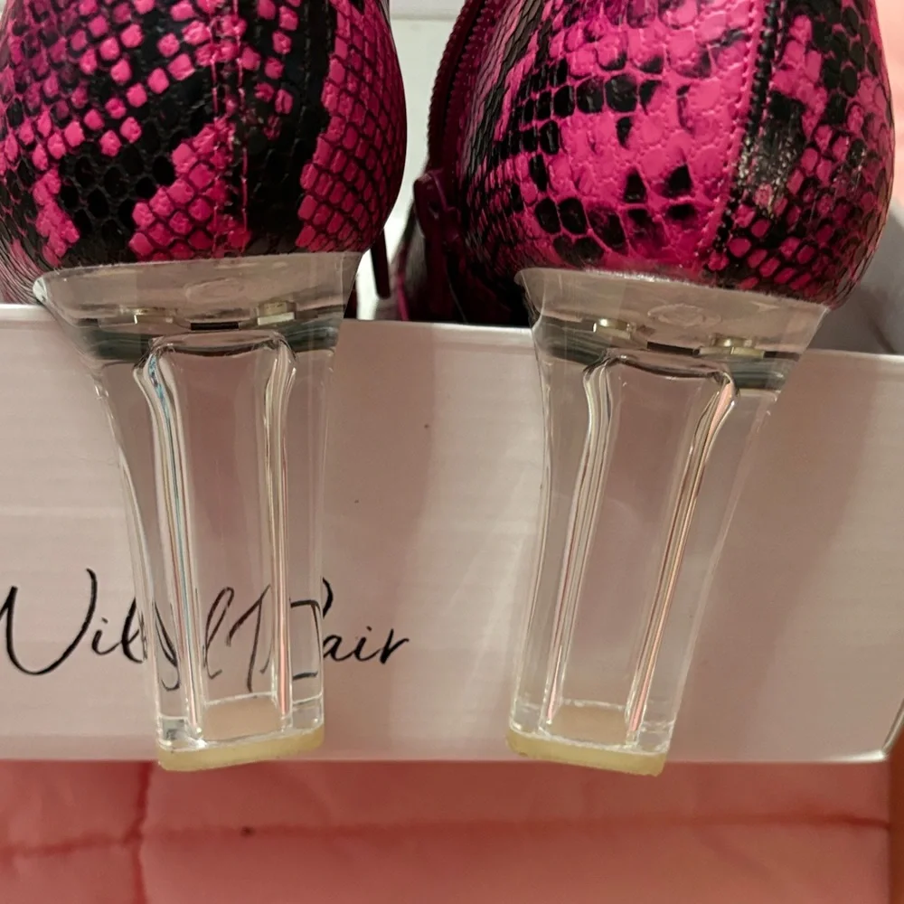 Wild Pair Fuchsia Snake Print Boots with Clear Heels. - Picture 4 of 9